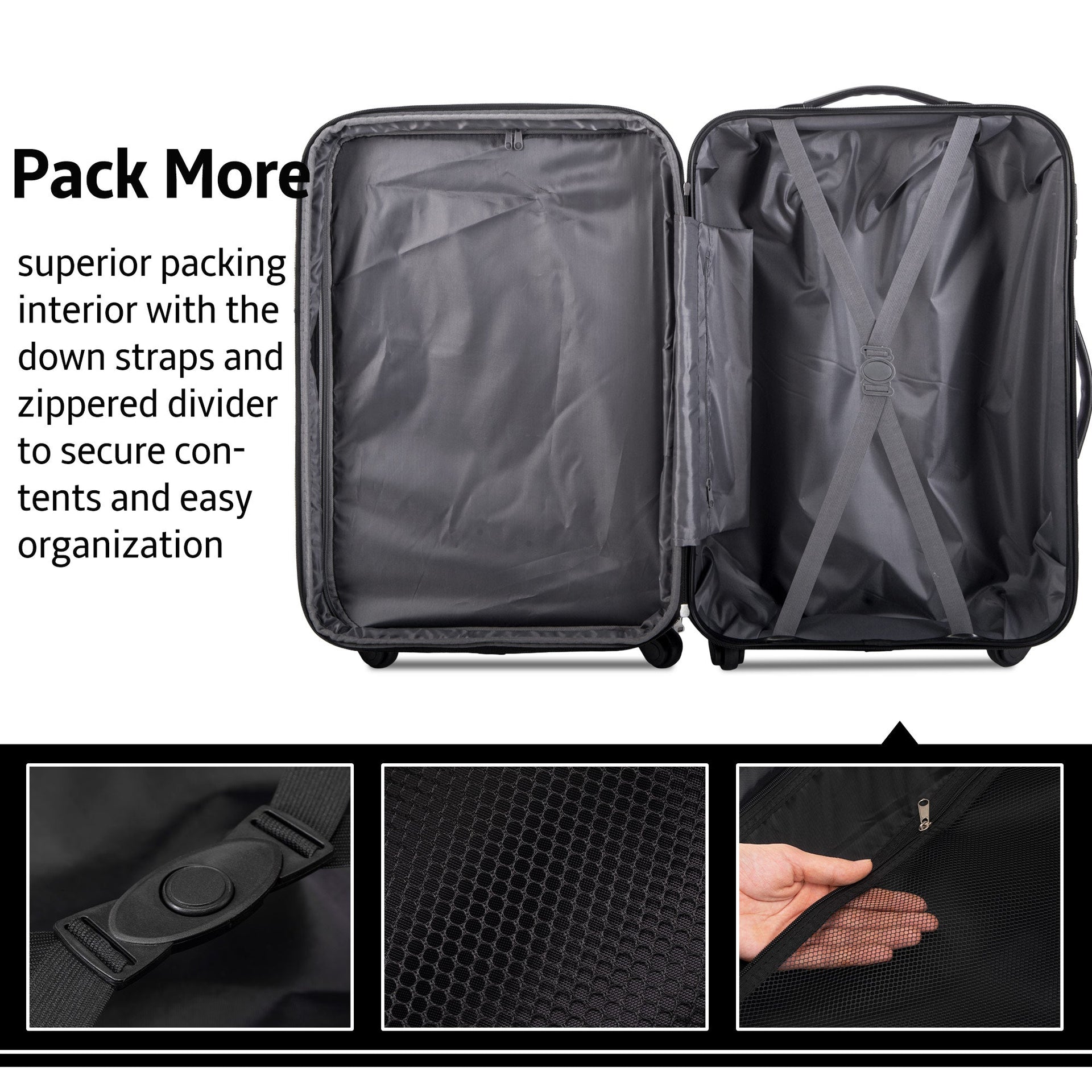Black 3 Piece Luggage Set Hardside Spinner Suitcase with TSA Lock 20