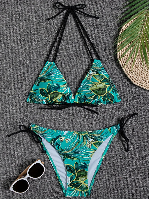 Sunset Bloom 2-Piece Triangle Bikini Set for Women – Vibrant Random Floral Print Halter Neck Swimsuit with Tie-Back Tie-Side Bottoms & High Cut Legs – Women's High-Stretch Swimwear for Summer Beach Escapes