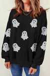 Glitter Round Neck Long Sleeve Sweatshirt - Black / XL