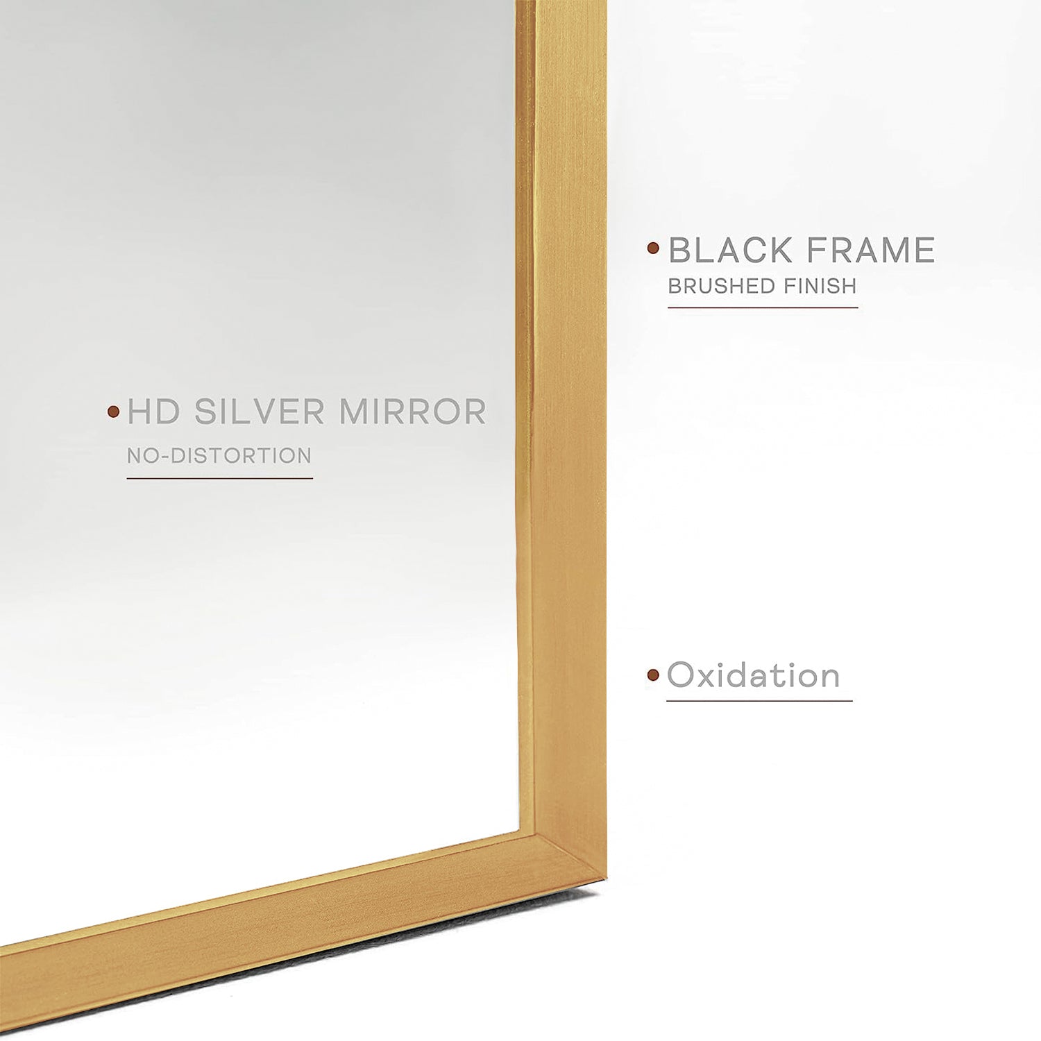 Close-up of 24x36 Inch Gold Metal Framed Arched Mirror showing brushed gold frame, HD silver mirror, and anti-oxidation finish.