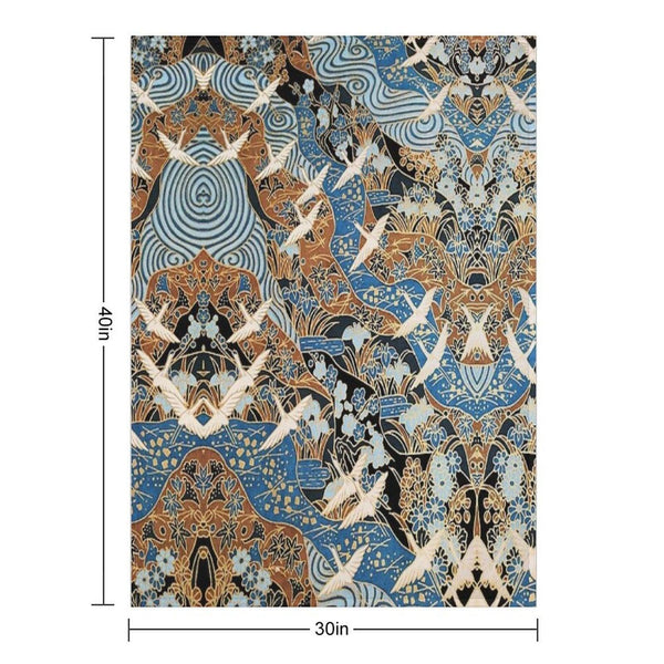 FLYING WHITE CRANES ON BLUE WATER AND SPRING FLOWERS  Antique Japanese Floral Throw Blanket
