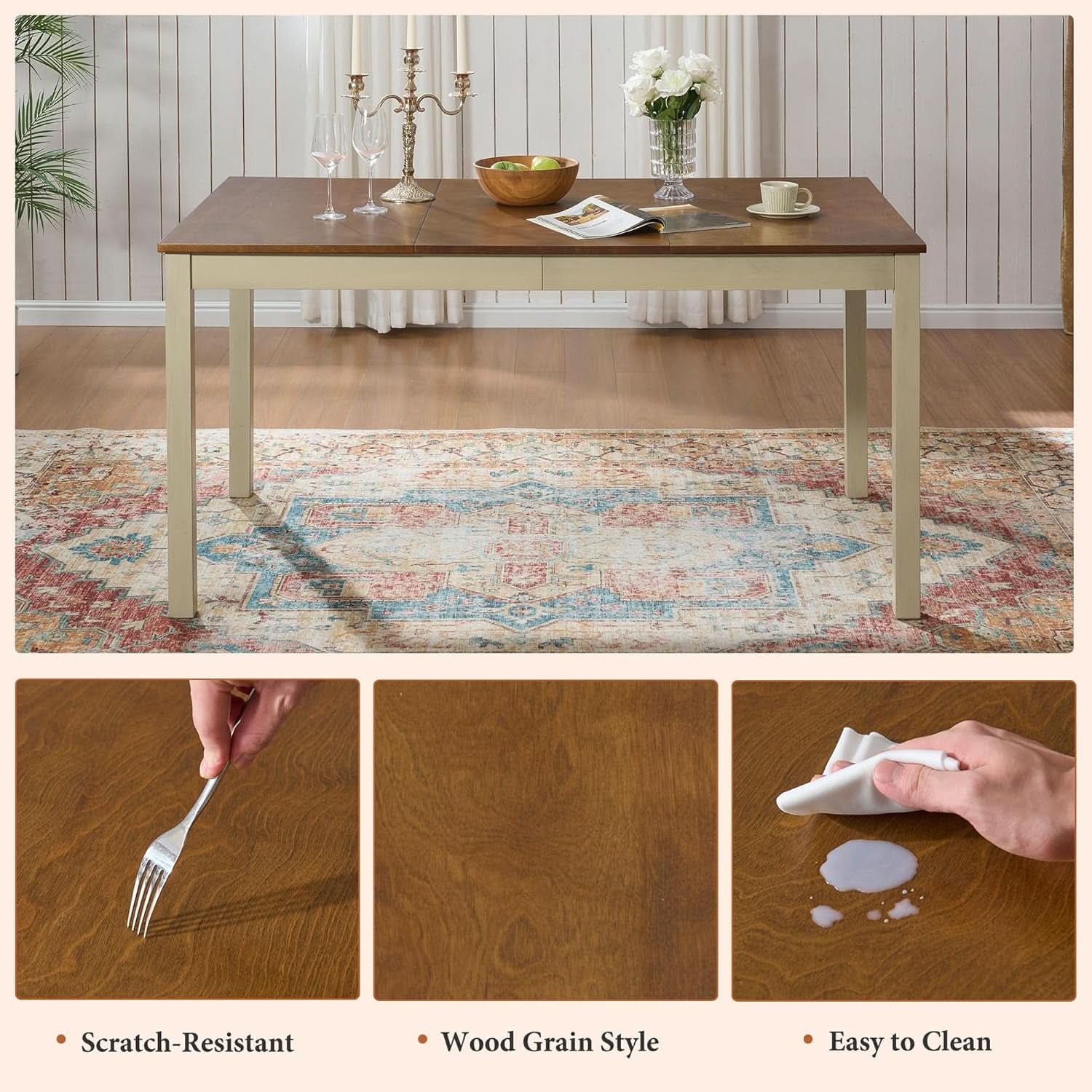 Farmhouse Handcrafted SolidWood Dining Table Set Cream