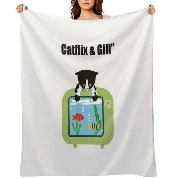 Catflix & Gill Funny Cat And Fish TV Design Premium Throw Blanket