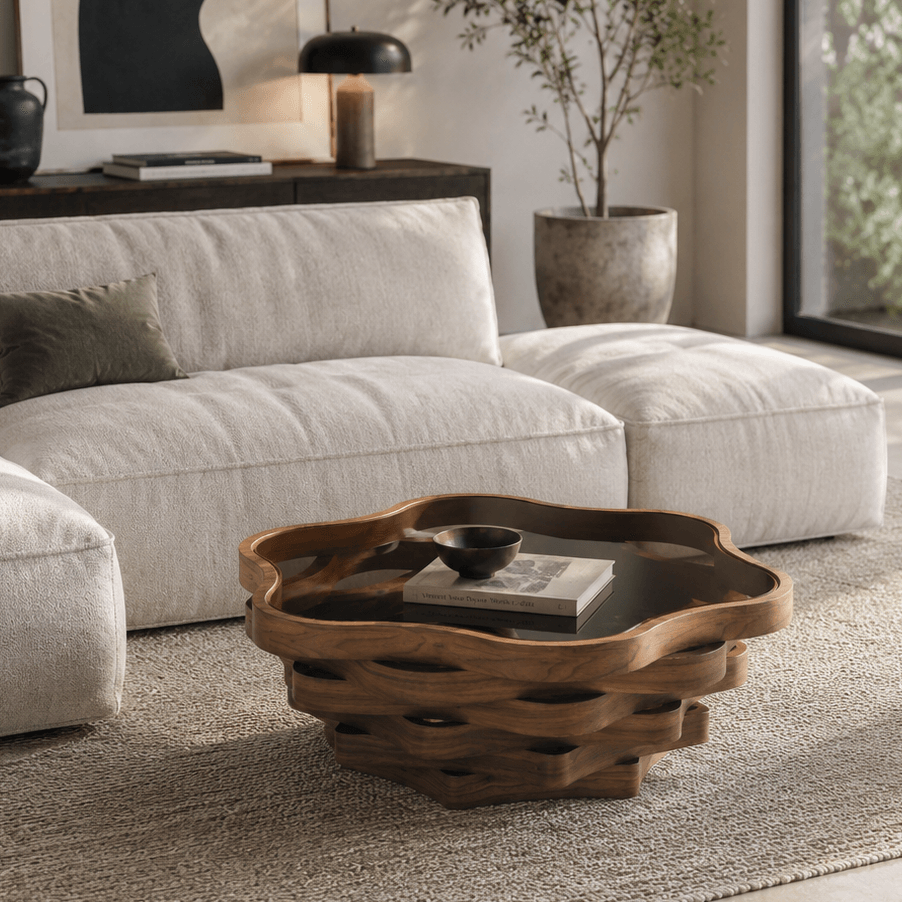 Modern Walnut Cloud Coffee Table with Tinted Glass Top & Sculptural Base