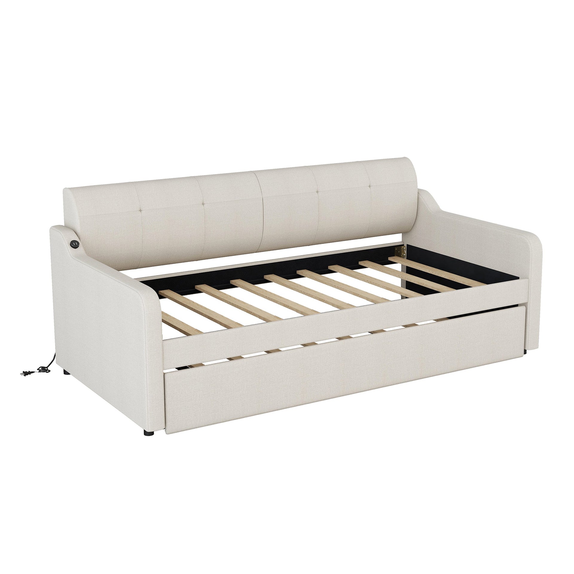 Twin Size Upholstery Daybed with Trundle and USB Charging Design Trundle can be flat or erected Beige