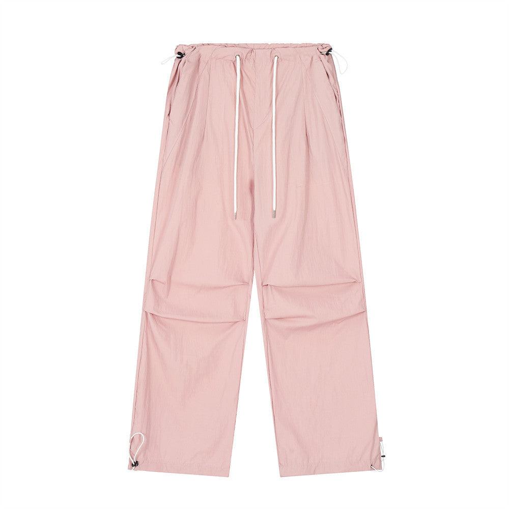 Wrinkled Casual Straight Cargo Pants Men's American Loose Solid Color Thin Sports Drawstring Cuffed Long Trousers