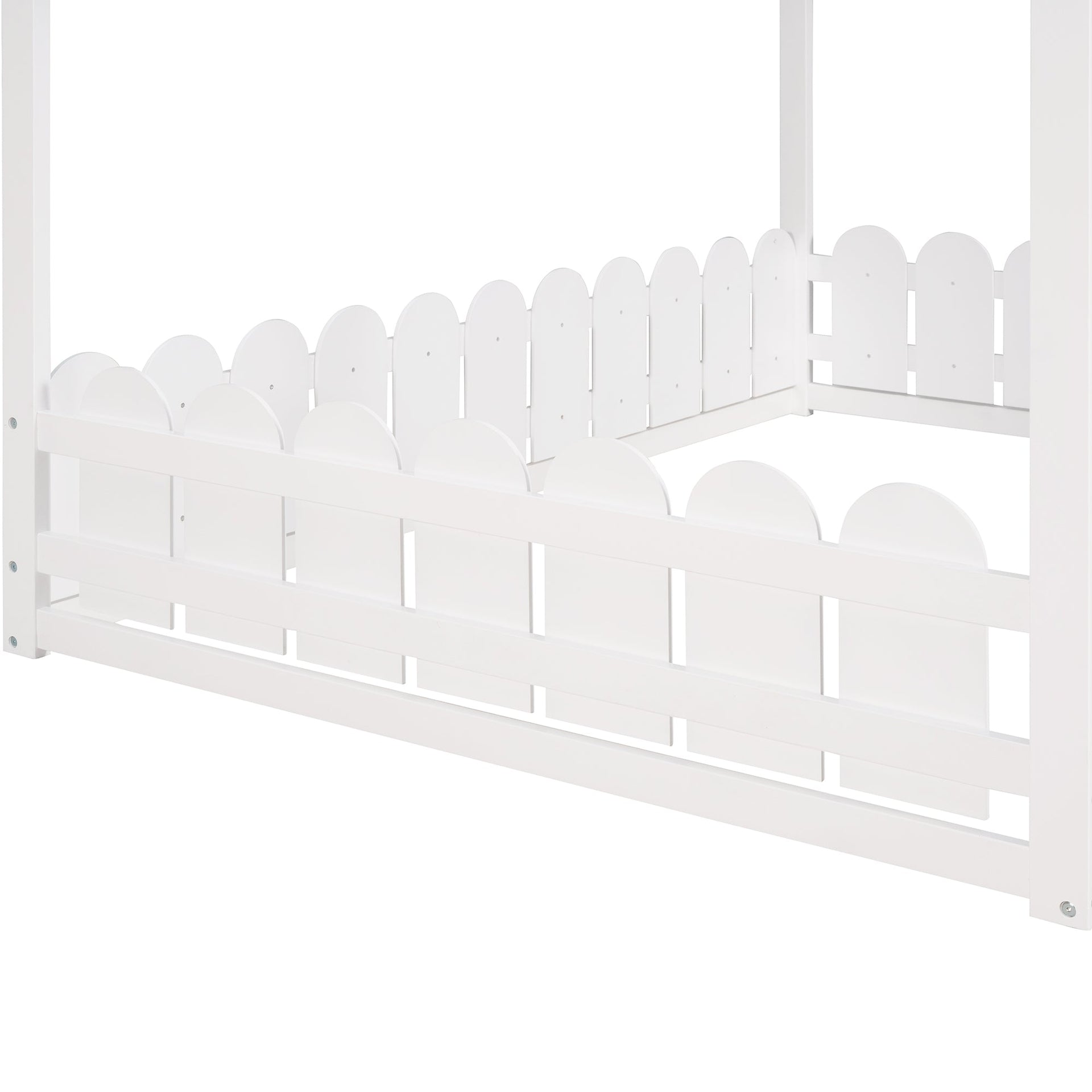 (Slats are not included) Full Size Wood Bed House Bed Frame with Fence for Kids Teens Girls Boys (White )