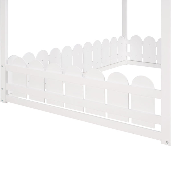 (Slats are not included) Full Size Wood Bed House Bed Frame with Fence for Kids Teens Girls Boys (White ) - Gifts for You 'n Me