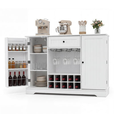 47.2 Inch Sideboard Cabinet with Door Shelves and 10-Bottle Wine Rack-White