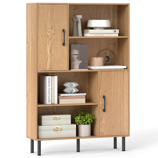 47 Inch Storage Cabinet Freestanding Bookcase with 2 Doors and 4 Open Shelves-Natural