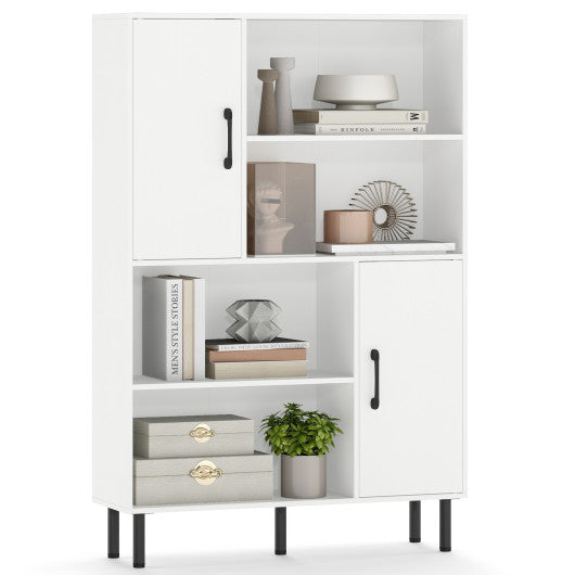 47 Inch Storage Cabinet Freestanding Bookcase with 2 Doors and 4 Open Shelves-White