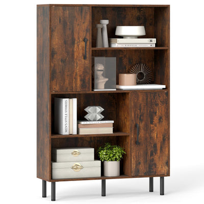 47 Inch Storage Cabinet Freestanding Bookcase with 2 Doors and 4 Open Shelves-Rustic Brown