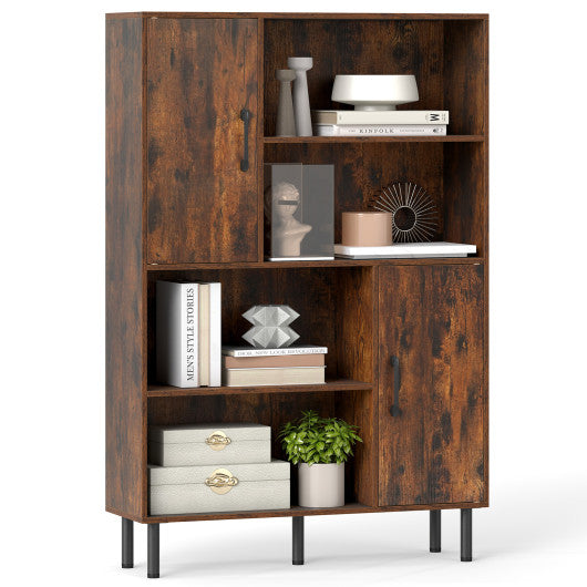47 Inch Storage Cabinet Freestanding Bookcase with 2 Doors and 4 Open Shelves-Rustic Brown
