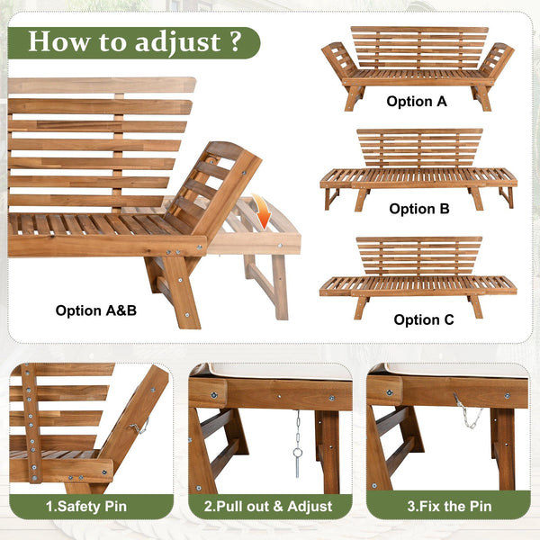 Outdoor Adjustable Patio Wooden Daybed Sofa
