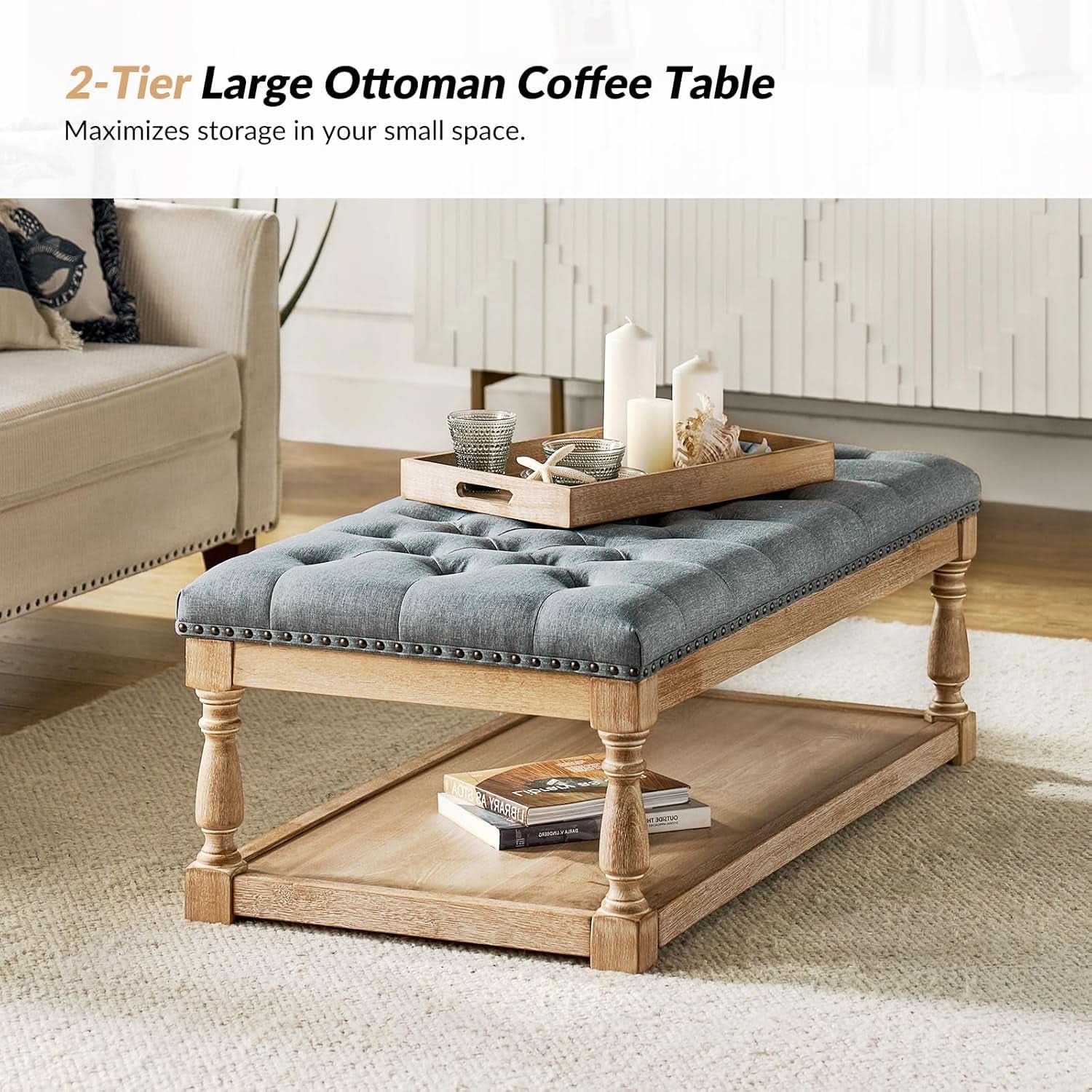 Blue Rectangular Upholstered Ottoman Coffee Table Tray