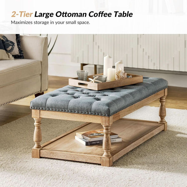 Blue Rectangular Upholstered Ottoman Coffee Table Tray