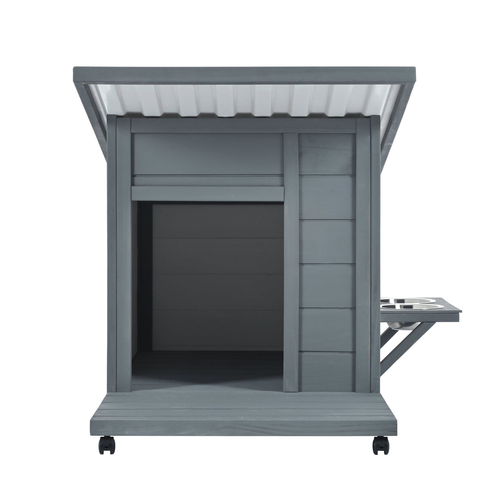 Modern Design Outdoor Dog House with Food Bowl and Wheels, Grey Pine, 44.1 x 22.1 x 28.8 inches