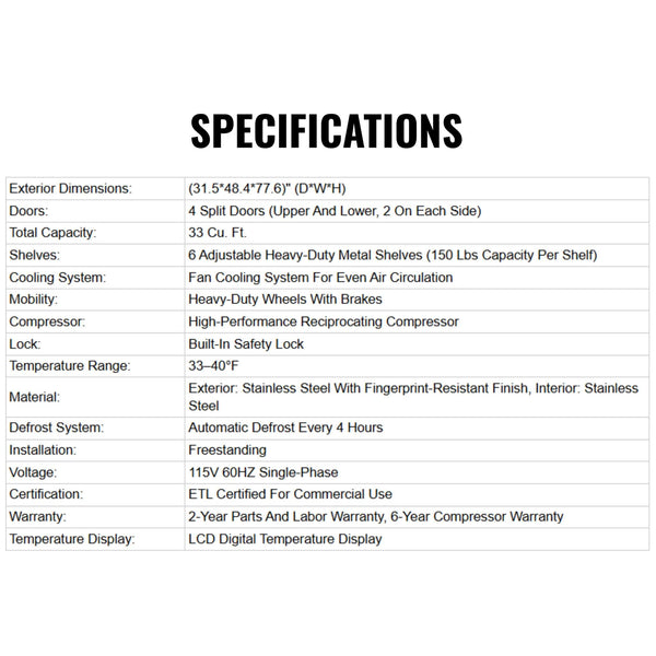 48-Inch Commercial 33 Cu.Ft Stainless Steel Reach-In Refrigerator With Four Split Doors (SAK83046)