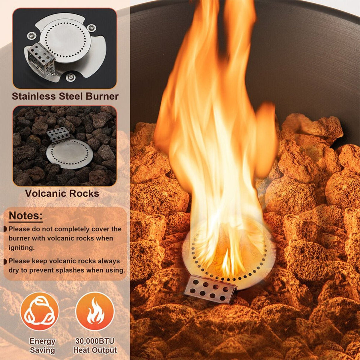 48-Inch Large Outdoor Propane Fire Bowl Column With Cover & Lava Rocks (SAK70938)