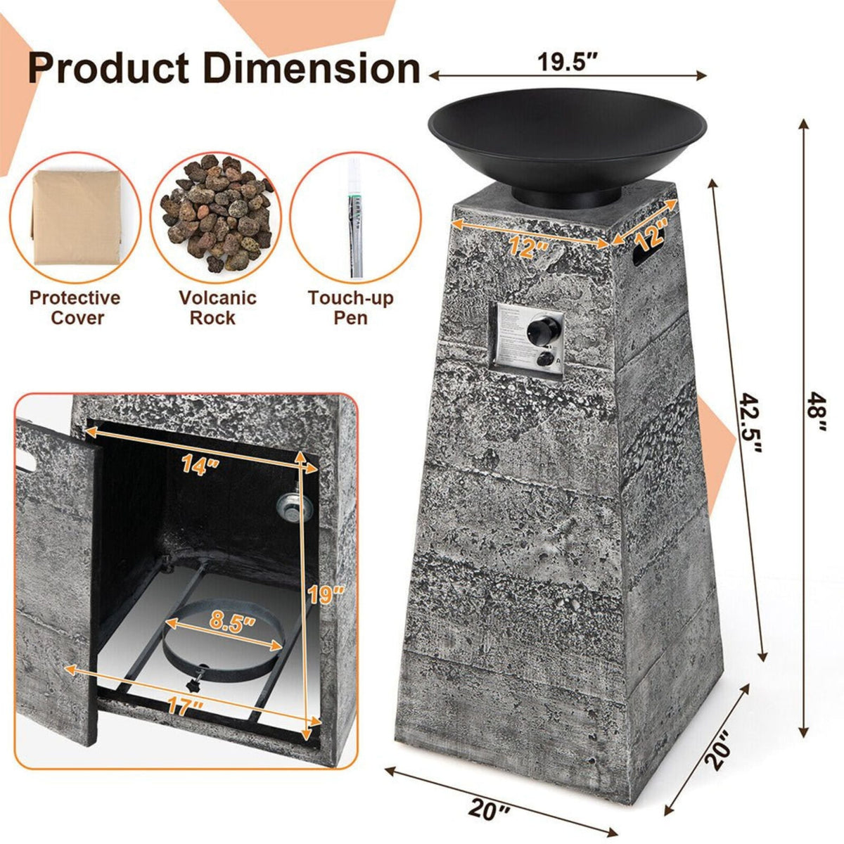 48-Inch Large Outdoor Propane Fire Bowl Column With Cover & Lava Rocks (SAK70938)