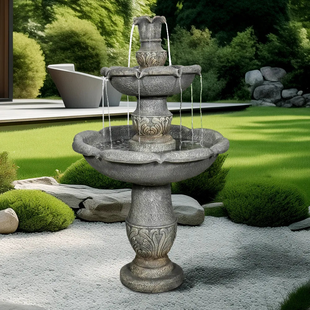 Concrete Carved 2 Tier Outdoor Water Fountain 48 Inch