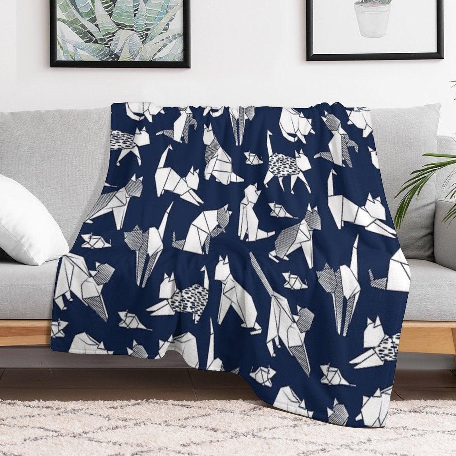 Origami Kitten Friends  Blue Navy Background Paper Cats Throw Blanket