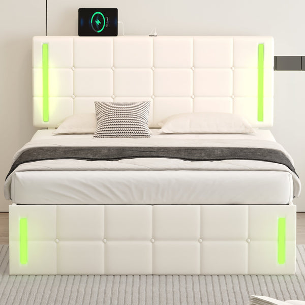 Full Size Upholstered Bed with LED Lights,Hydraulic Storage System and USB Charging Station,White V.I.P Digital Presence