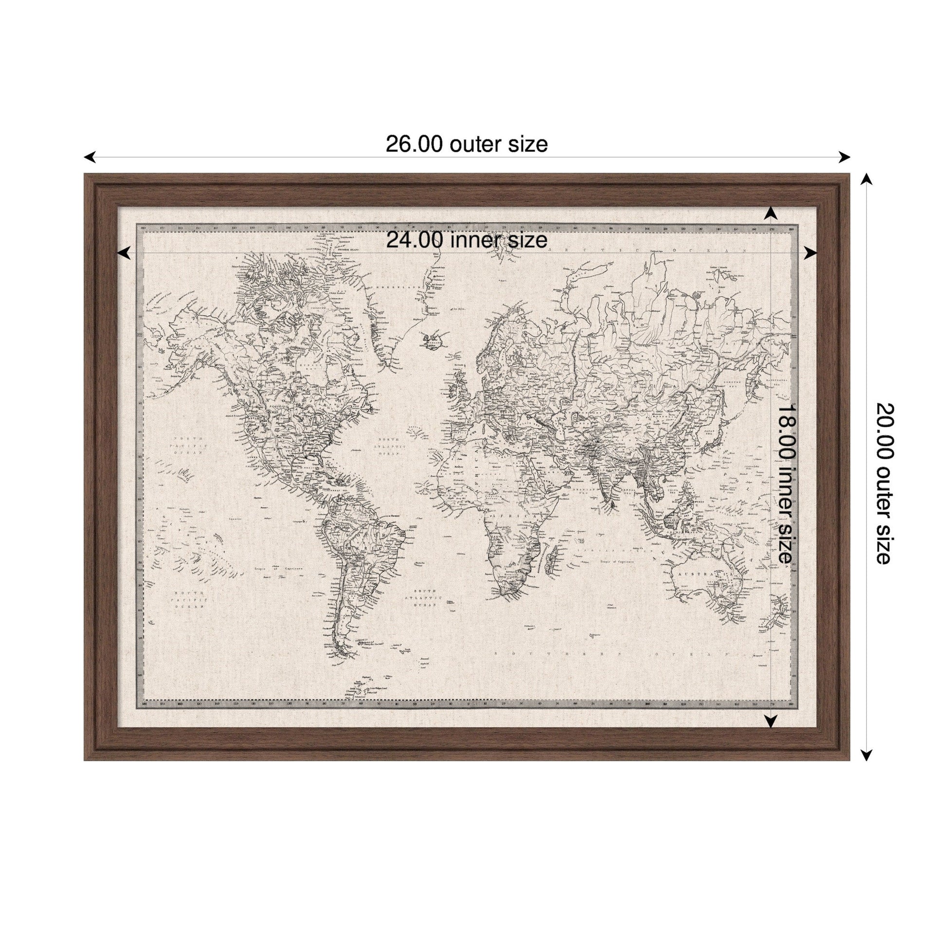 Framed Fabric Pinboard Vintage Black and White Linen World Map Wall Organization