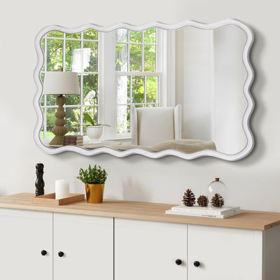 Solid Wood Wavy Rectangle  Mirror-Natural-Wood   40' x 28' Modern Mirror Wall Decor for Bathroom, Bedroom, Living Room, Dining Room, Cloakroom, Entryway