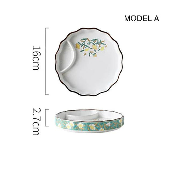 Dumpling plate sushi plate round square plate with soy sauce and vinegar partitioned snack plate ceramic plate for home use