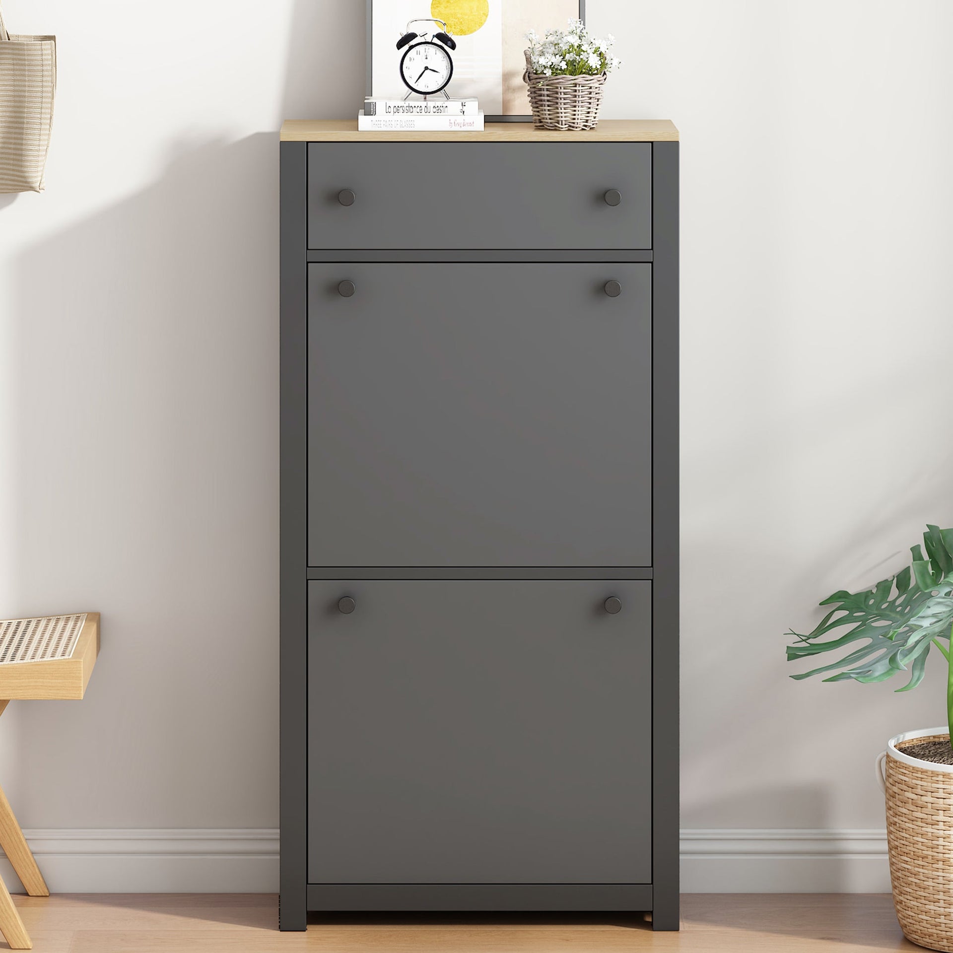 ONTREND functional with 2 flipped drawers, top shoe cabinet with adjustable panel, independent shoe rack, gray