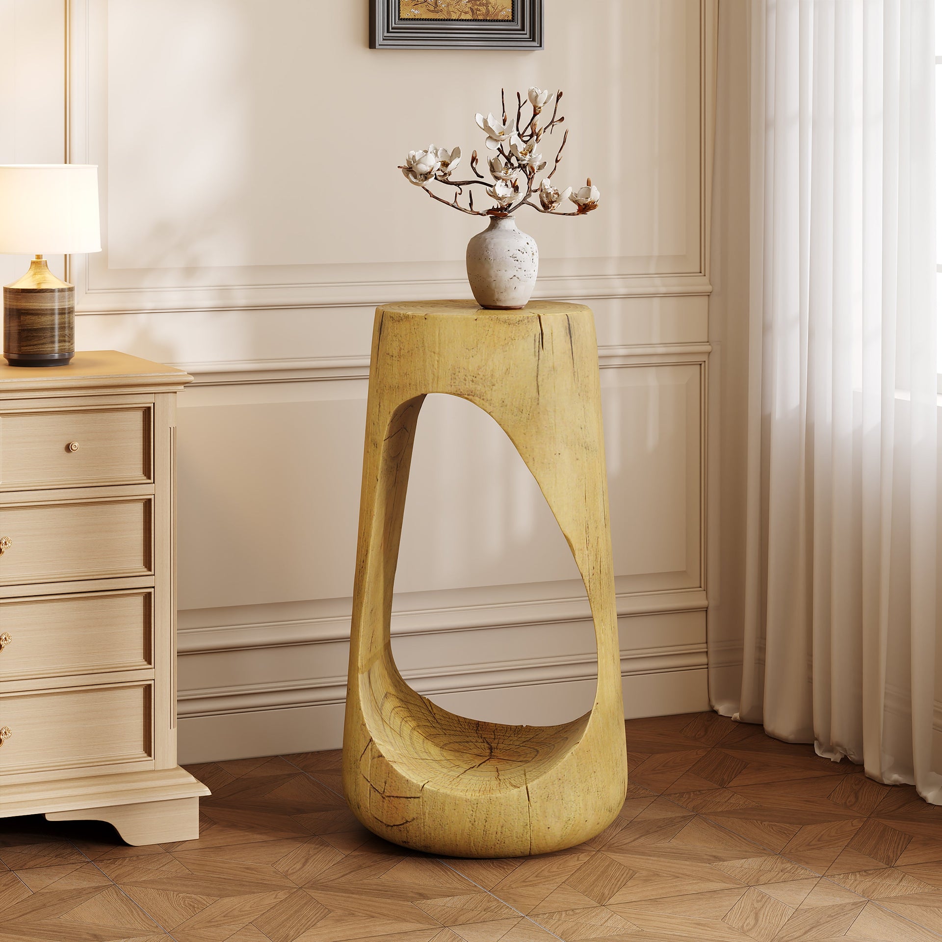 Hollow Design End Table with Wood Like Texture, and Natural Color