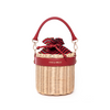 Red Leather & Straw Bucket Bag with Drawstring