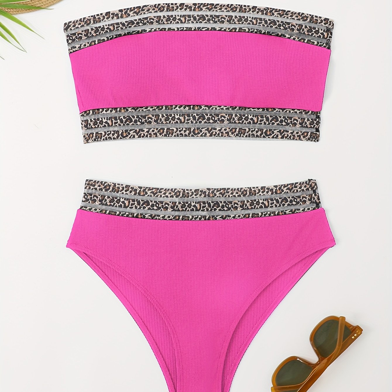 Bikini Leopard Print High Waist Bandeau 2 Piece Swimsuit for Women – Super Stretchy Bikini Set with Seductive Mesh Detail and Flattering Fit – Chic Animal Print Swimwear for Beachwear Poolside and Summer Vacations