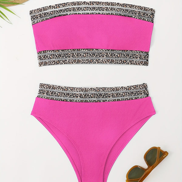 Bikini Leopard Print High Waist Bandeau 2 Piece Swimsuit for Women – Super Stretchy Bikini Set with Seductive Mesh Detail and Flattering Fit – Chic Animal Print Swimwear for Beachwear Poolside and Summer Vacations
