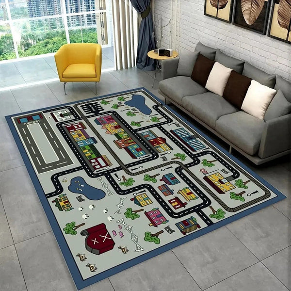Fun Racing Track Flannel Floor Mat Non-Slip Home Decor Rug For Kids Rooms And Play Areas