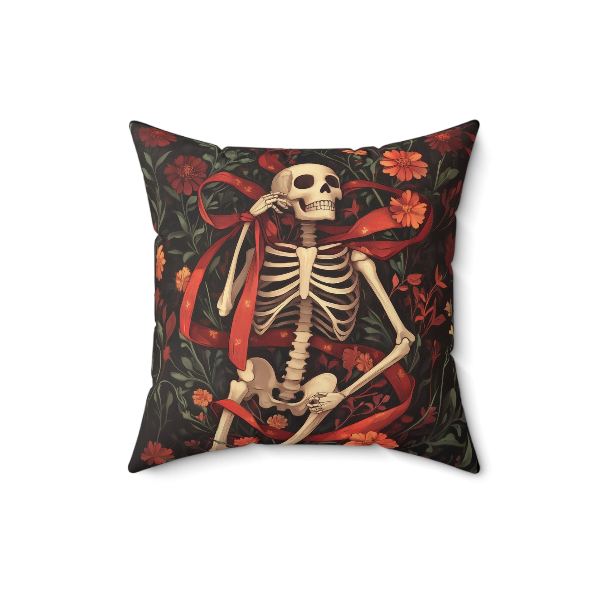 Microsuede Cushion / Halloween Art / Skeleton - Red Ribbon, Orange Flowers