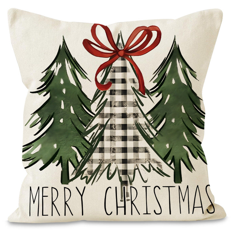 Green Christmas Pillow Cover Linen Printed Pillow Cover Holiday Living Room Bedroom Decoration Cushion Cover