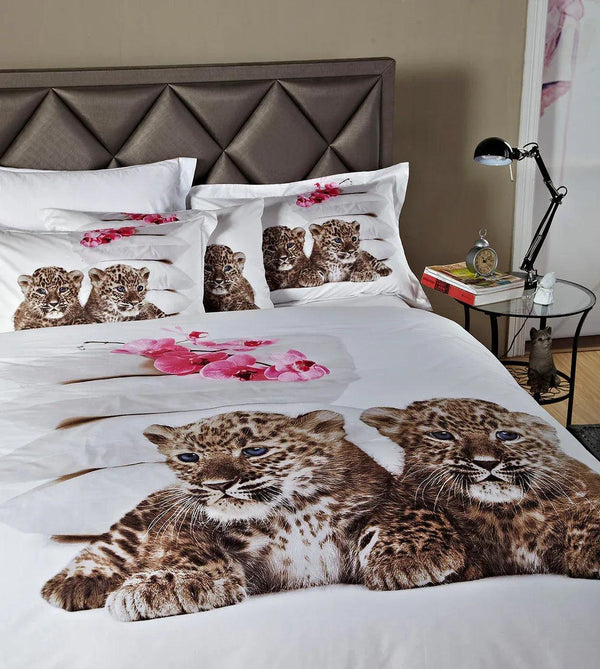 Dolce Mela 100% Cotton 6 Piece Animal Print Bedding Duvet Cover Sheet Set - Baby Leopards and Flowers Print - Gifts for You 'n Me