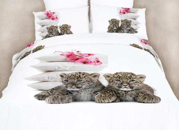 Dolce Mela 100% Cotton 6 Piece Animal Print Bedding Duvet Cover Sheet Set - Baby Leopards and Flowers Print - Gifts for You 'n Me