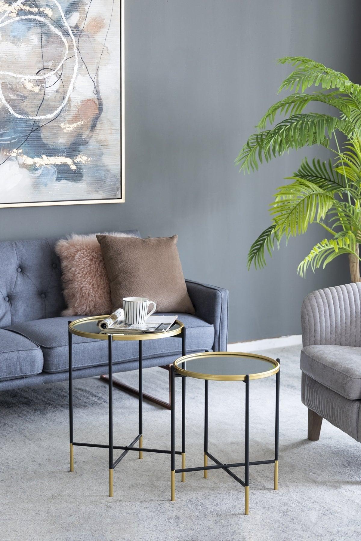 Set of 2 Gold Nesting Side Tables with Mirrored Tops