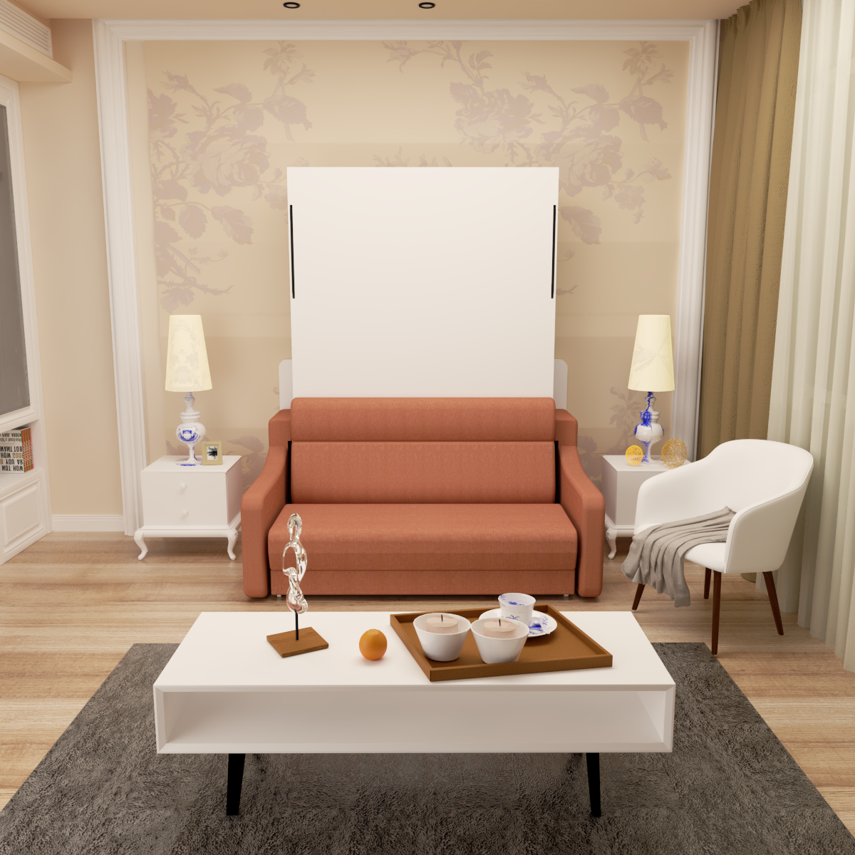 Full size Morden Deisgn vertical Murphy bed with sofa and drawers, white wall bed, space saving hidden bed with new gas pillars