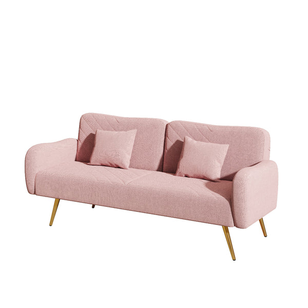 Pink sofa with two cushions on a white background