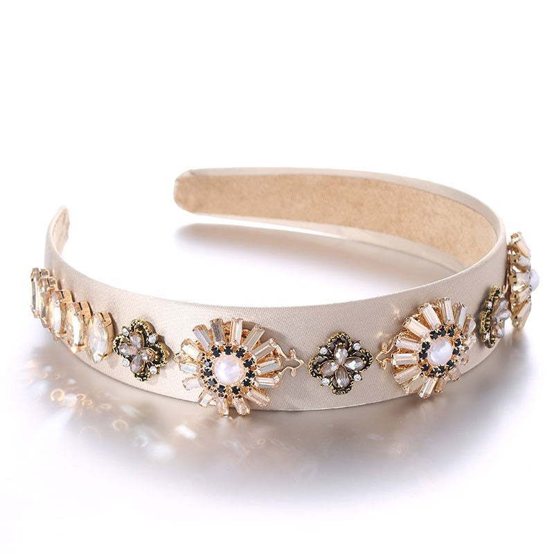 Fashionable Baroque Retro Set Water Diamond Flower Wide Edge Pearl Hair Hoop
