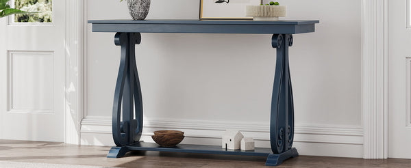 48-Inch Rustic Vintage Console Table --- Farmhouse Style Entryway Table with Open Shelf and Sturdy Construction (Navy)
