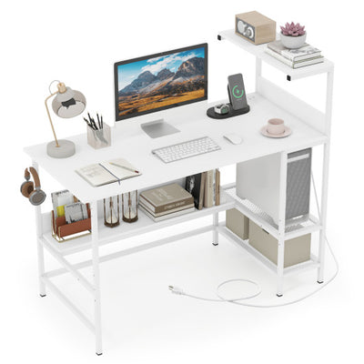 48 Inch Computer Desk with Power Outlets and Storage Shelves-White