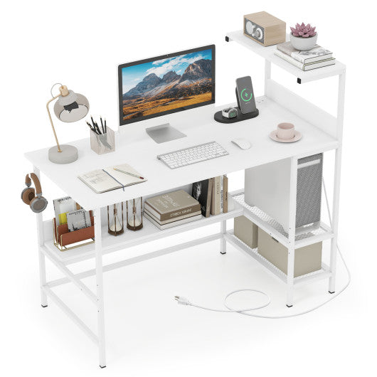48 Inch Computer Desk with Power Outlets and Storage Shelves-White