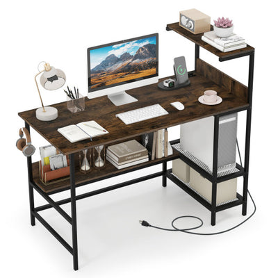 48 Inch Computer Desk with Power Outlets and Storage Shelves-Rustic Brown