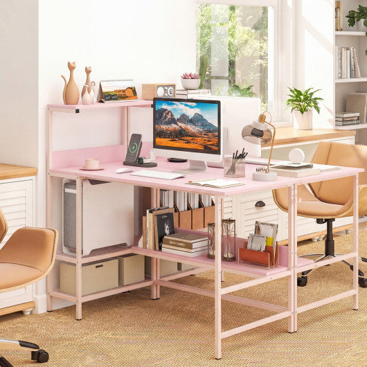 48 Inch Computer Desk with Power Outlets and Storage Shelves-Pink