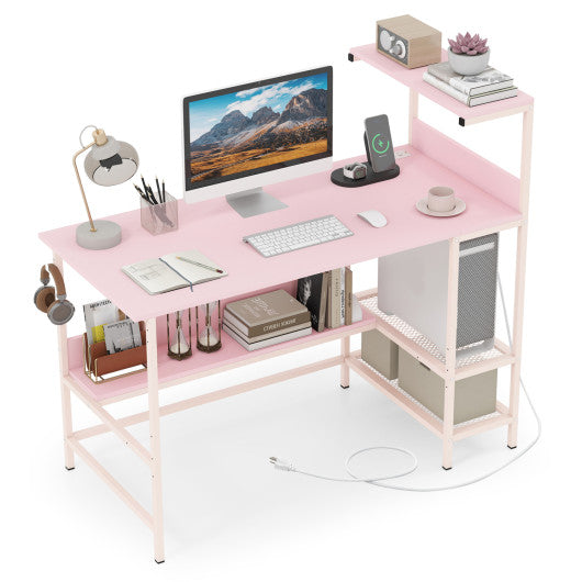 48 Inch Computer Desk with Power Outlets and Storage Shelves-Pink